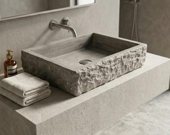 Travertine Sink, Sink For Bathroom, Natural Stone Sink,  Sink, Stone Sink, Silver Travertine Thin Edge Rectangular Sink - CUSTOM ORDER