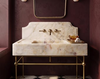 Calacatta Gold Marble Sink with Backsplash, Custom Wall-Mounted Bathroom Basin