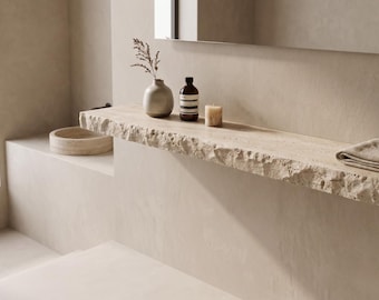 Natural Edge Travertine Floating Shelf | Stone Shower Shelf | Bathroom Wall Ledge | Rustic Spa Decor | Floating Vanity Shelf