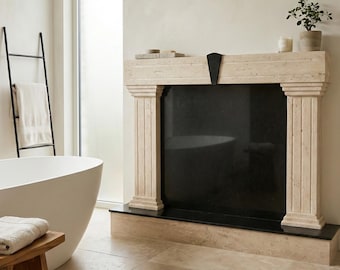 Travertine Fireplace Mantel Surround 140x120 cm | Hand-Carved Fluted Column Stone Fireplace Frame | Natural Travertine Mantel
