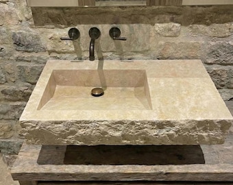 Travertine Marble Sink, Wall Mounted Marble Sink - Handmade Travertine Sink, Natural Stone, Washbasin, Travertine Sink for Bathroom