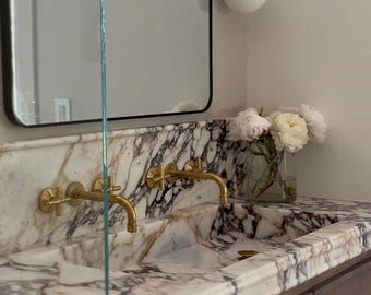 Calacatta Viola Marble Vanity Top Sink with Backsplash, Handmade Natural Stone Bathroom Sink, Custom Countertop Basin