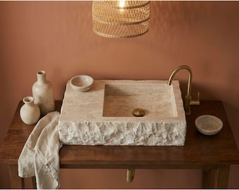 Custom Travertine Marble Sink, Wall Mounted Marble Sink - Handmade Travertine Sink, Natural Stone, Basin, Travertine Sink for Bathroom