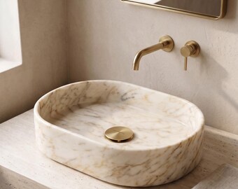 Calacatta Gold Marble Oval Sink, Handmade Oval Marble Basin, Custom Wall Mount or Countertop Sink, Natural Stone Sink