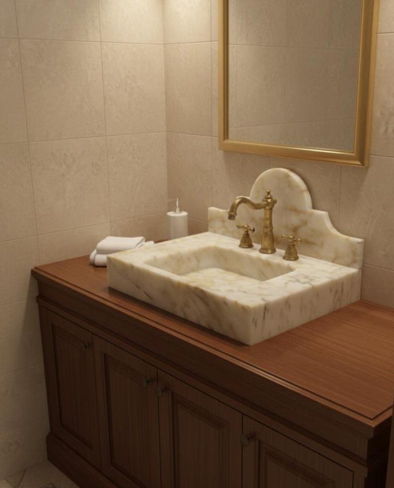 Puede incluir: Un lavabo de m&aacute;rmol con grifos dorados se encuentra sobre un mueble de ba&ntilde;o de madera oscura. El lavabo tiene una pila rectangular y un protector contra salpicaduras decorativo. Un espejo con marco dorado cuelga sobre el lavabo.