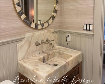 Calacatta Gold Marble Sink Wall Mount Marble Sink with Backsplash Marble Bathroom Sink Powder Room Sink Custom Vanity Top Marble Sink