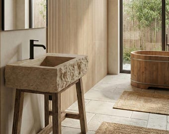 Handmade Travertine Sink – Wall Mounted Natural Stone Basin, Custom Marble Vanity Sink for Powder Room, Luxury Bathroom Decor