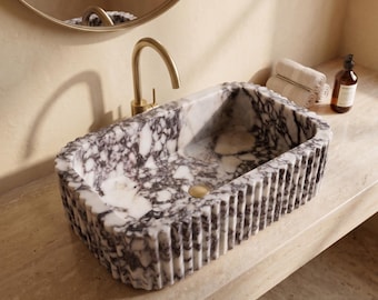 Wall Mount Calacatta Marble Sink | Fluted Natural Stone Bathroom Sink | Handmade Custom Vanity Basin | Custom Sink for Powder Room