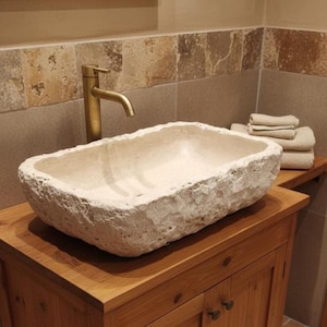 Travertine Marble Sink, Wall Mounted Marble Sink - with Faucet Hole - Handmade, Natural Stone Sink, Basin, Travertine Sink for Bathroom