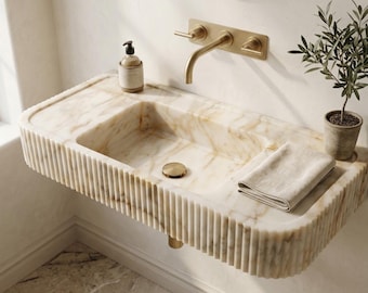 Custom Calacatta Gold Marble Sink – Ribbed Wall Mount Basin, Handcrafted Luxury Sink, Powder room sink Custom Vanity Top by BCNMarbleDesign