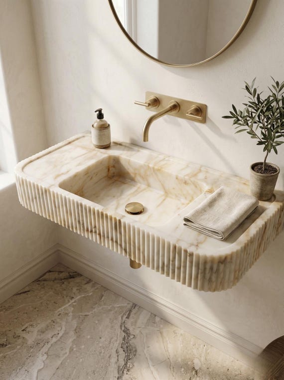 Custom Calacatta Gold Marble Sink – Ribbed Wall Mount Basin, Handcrafted Luxury Sink, Powder room sink Custom Vanity Top by BCNMarbleDesign