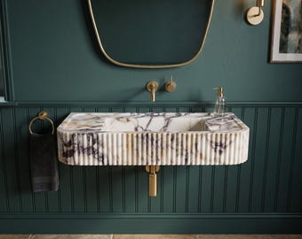 Calacatta Viola Fluted Marble Sink, Rounded Corner Countertop or Wall-Mounted Custom Basin