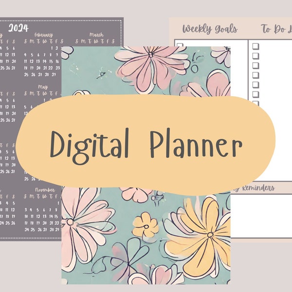 Pastel Flower Digital Planner | Weekly Schedule | Simple & Easy | Aesthetic | 2024 | Goals and Lists | Boho Vibe | (Digital Download - PDF)