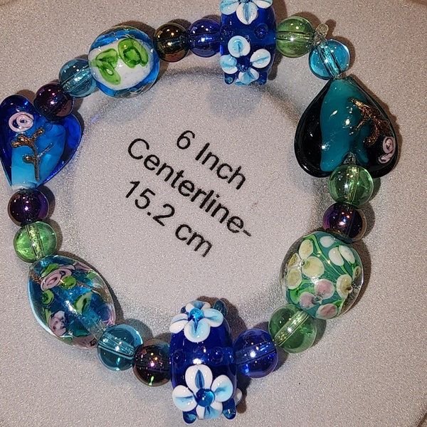 Aqua Blue/Green Flowers & Heart Lampwork Beaded Stretch Bracelet