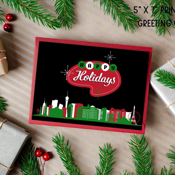 Retro Style Las Vegas Skyline Happy Holidays | Red and Green Printable Greeting Card | Digital Download Vegas Christmas Card