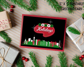Skyline di Las Vegas in stile retrò Buone vacanze / Biglietto d'auguri stampabile rosso e verde / Download digitale Cartolina di Natale di Las Vegas