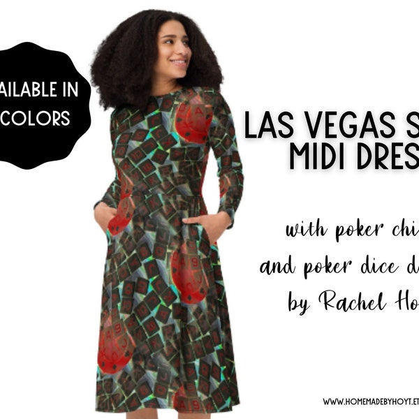 Bright Multicolor Las Vegas Style Poker Chips and Poker Dice Designer Long Sleeve Midi Dress with Pockets (Teal, Red, and Black)