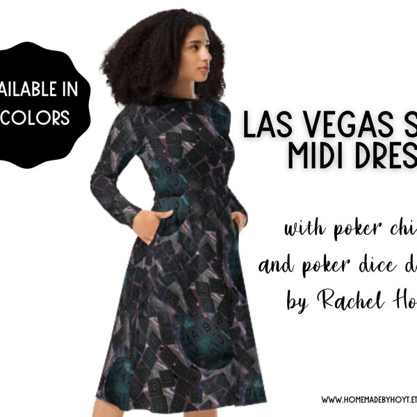 Dark Multicolor Las Vegas Style Poker Chips and Poker Dice Designer Long Sleeve Midi Dress with Pockets