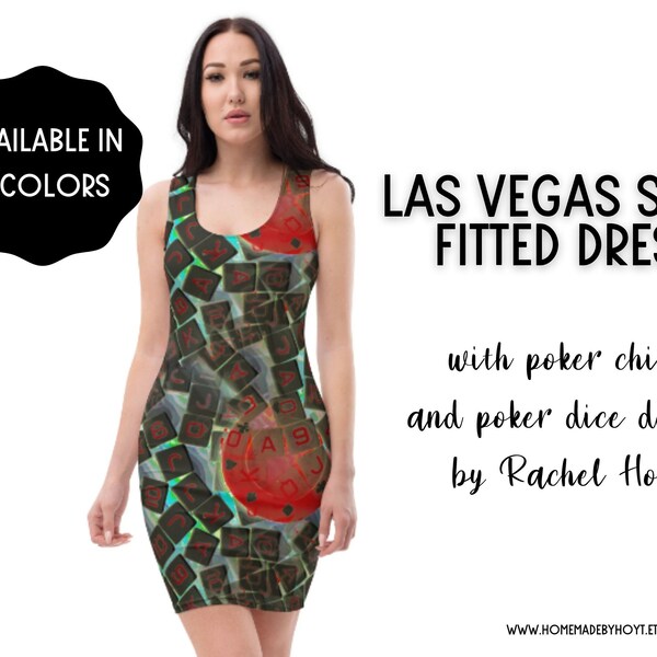 Bright Multicolor Las Vegas Style Poker Chips and Poker Dice Fitted Dress