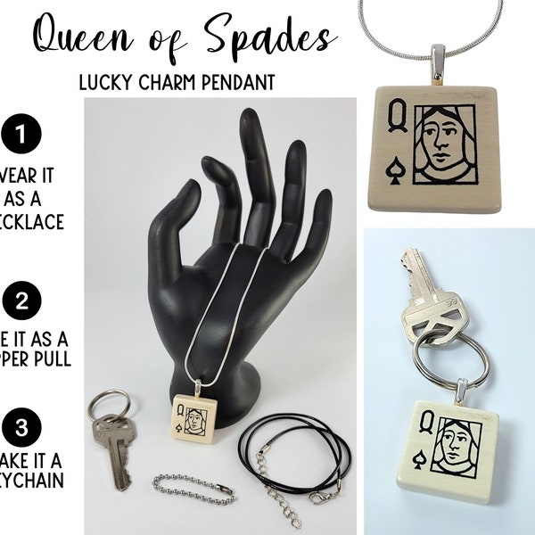 Wooden Playing Card Queen of Spades Lucky Charm | Las Vegas Style Necklace, Keychain, or Zipper Pull