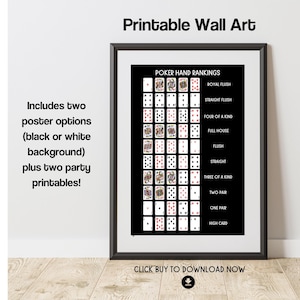 Poker Rank of Hands Printable Wall Art Game Room Decor DIGITAL DOWNLOAD with bonus Poker Party Printables