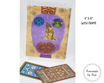 Flower Eyes Smile | Original Funny Face Collage Art with Playing Cards and Acrylic Paint (4" x 5.5") Framed in Clear Acrylic