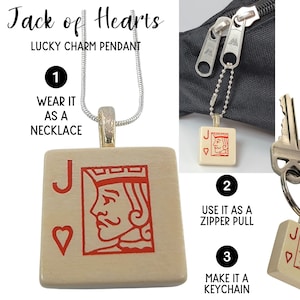 Wooden Playing Card Jack of Hearts Lucky Charm | Las Vegas Style Necklace, Keychain, or Zipper Pull