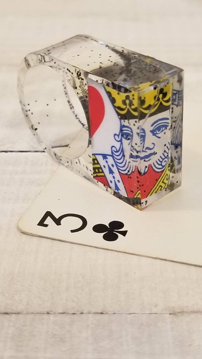 Show off your love of card games with unique style! King of Diamonds and King of Hearts Rings made with Playing Cards and Resin