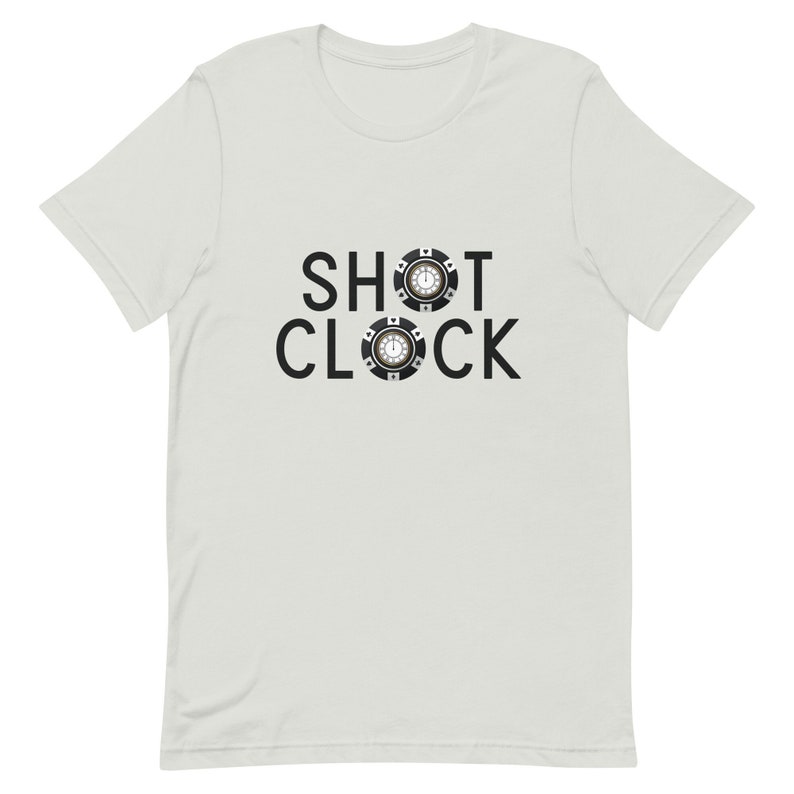 SHOT CLOCK Poker Shirt with wall clocks inside poker chips in place of the "o" in each word.