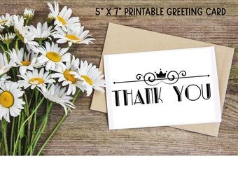 Crown THANK YOU Printable Greeting Card | Digital Download | Black and White