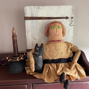 Primitive Doll with Handpainted Cat: Shelf Decor