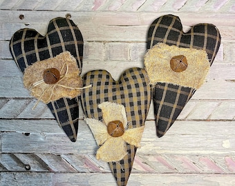 Primitive Black Plaid Homespun Hearts: Rustic Farmhouse Bowl Fillers