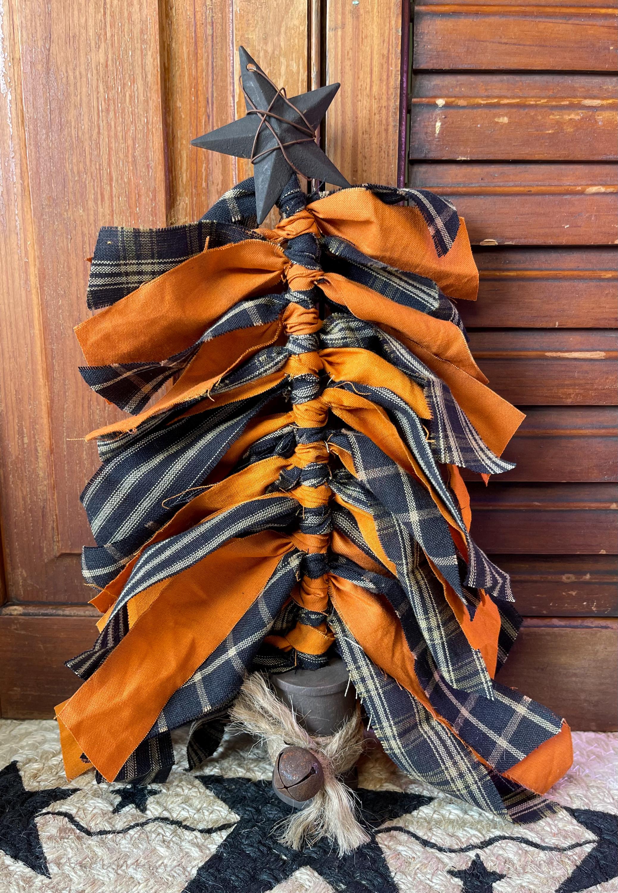 Primitive Halloween Rag Tree – Farmhouse Halloween Decor – Orange & Black Fall Shelf Sitter
