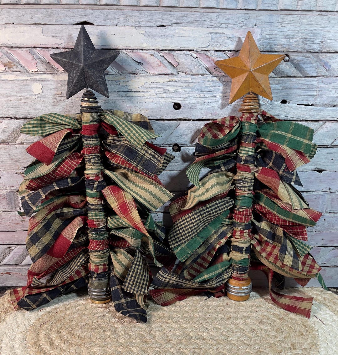 Primitive Rag Tree - Christmas Tree - Holiday Decor - Wood Bobbin Spool ...