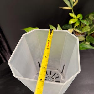 May include: A clear, geometric-shaped plastic plant pot with a yellow measuring tape showing a height of approximately 6 inches. The pot has drainage holes and is designed for planting. The background is dark with green foliage.