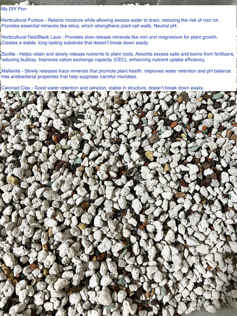 May include: A mixture of My DIY Pon substrate containing white horticultural pumice, red and black lava rock, zeolite, maifanite, and calcined clay. The text lists benefits for each component, including moisture retention, drainage, and mineral release.