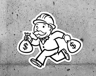 May include: Two black and white illustrations of a cartoon character wearing a hard hat and carrying bags of money. The character is running to the right.