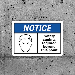 May include: Two white square signs with blue borders and the text "NOTICE" in black. The signs have a black and white illustration of a face with squinting eyes. The text below the illustration reads "Safety squints required beyond this point".