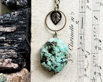 R e s o n a t e...African Turquoise necklace, leaf necklace, boho necklace, Energy, chakra, Leo, turquoise necklace, brass necklace, gift