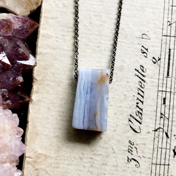 L a v e n d e r...Blue lace agate necklace, chalcedony, throat chakra, Hope, minimalist, boho, lavender, healing, Gunmetal Necklace, gifts