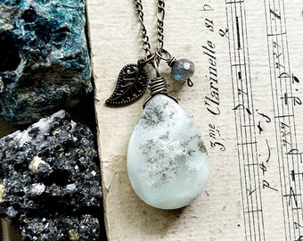 Sincerity...Amazonite necklace, labradorite, leaf necklace, amazonite jewelry, boho necklace, heart chakra, January Birthstone, brass, gift