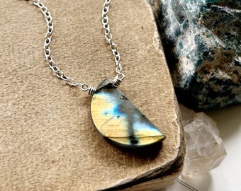 M y s t i c...Labradorite necklace, crescent moon, moon necklace, boho necklace, base chakra, minimalist, Moonchild, Sterling, Scorpio