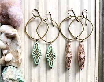 E n c h a n t e d...Etched acrylic beads, seafoam green, pink, long earrings, boho earrings, brass earrings, gift idea