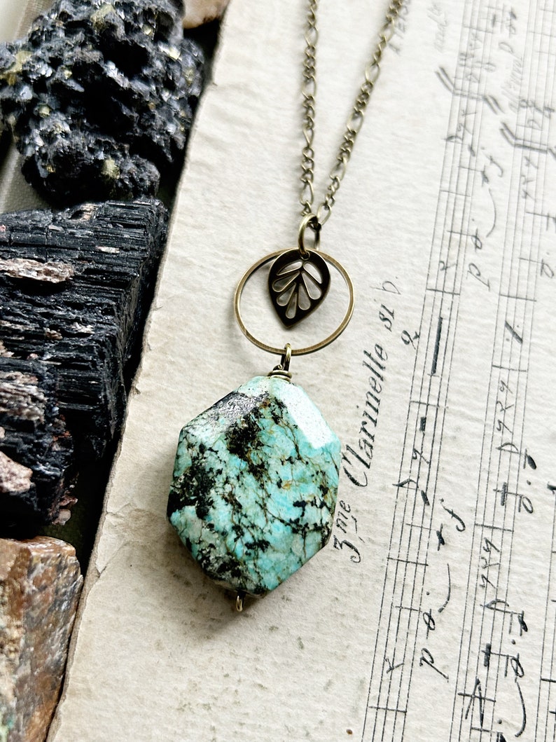R e s o n a t e...African Turquoise necklace, leaf necklace, boho necklace, Energy, chakra, Leo, turquoise necklace, brass necklace, gift image 4