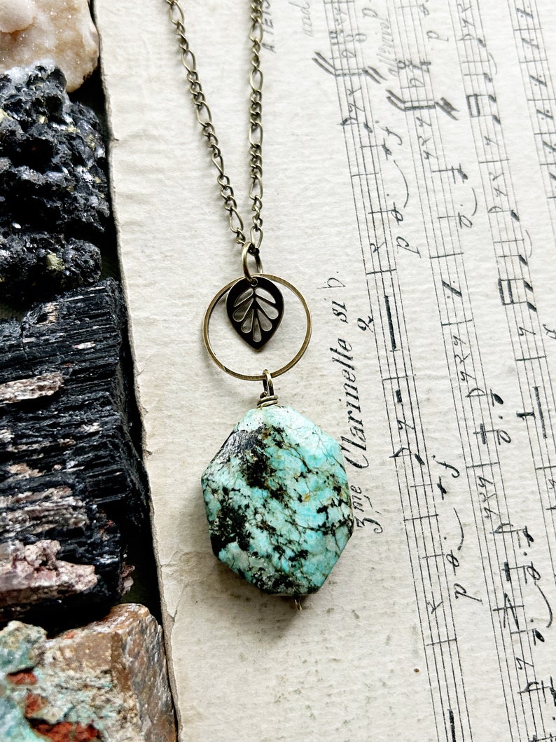 R e s o n a t e...African Turquoise necklace, leaf necklace, boho necklace, Energy, chakra, Leo, turquoise necklace, brass necklace, gift image 10