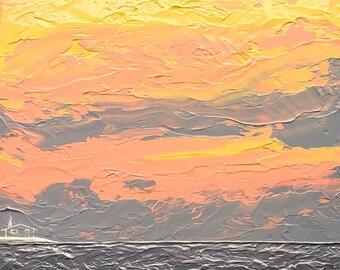 Sunset Painting, Ocean, Sky, Nature, Small, Acrylic,  Clouds, Yellow, Orange, Beautiful End to a Beautiful Day by ahsta blu / Free Shipping