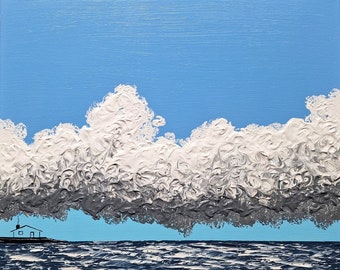 Pintura, Pintura del océano, Cielo, Nubes, Naturaleza, Paisaje marino, Azul, Blanco, Gris, RASCACIELOS de ahsta blu / Envío gratis