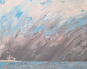 Painting, Ocean Painting, Sky, Clouds, Pastel, Nature, Seascape, Pink, Blue, Grey, White, JUST PASSING BY by ahsta blu /  Free Shipping