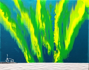 Aurora Borealis, Northern Lights, Painting, Sky, Nature, Night, Sea, Green, Yellow, White, NOCTURNAL ELEGANCE by ahsta blu /  Free Shipping