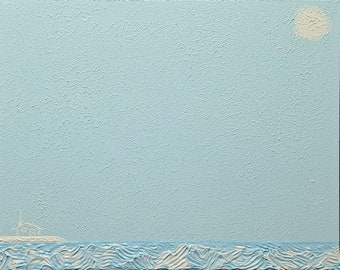 Blue Sky, Painting, Ocean, Sky, Sun, Nature, Seascape, Small Painting, Acrylic, Blue, White,  BLU SKIES by ahsta blu / Free Shipping